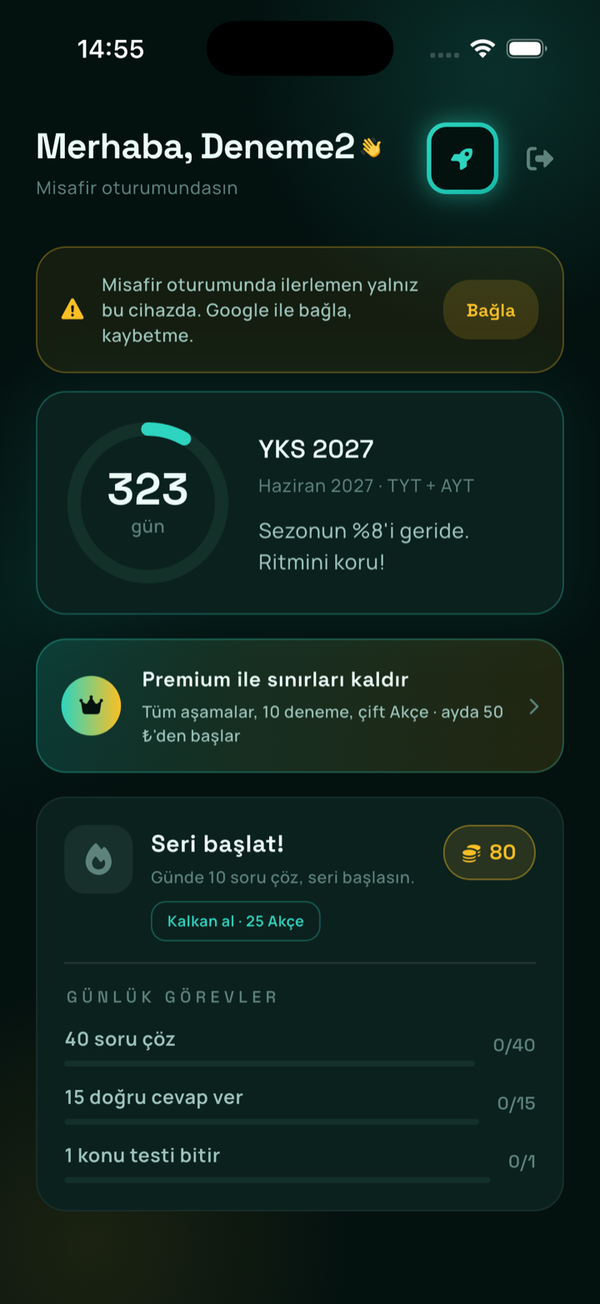 Uygulamanın ana ekranı: YKS 2027 geri sayımı, günlük görevler ve seri takibi