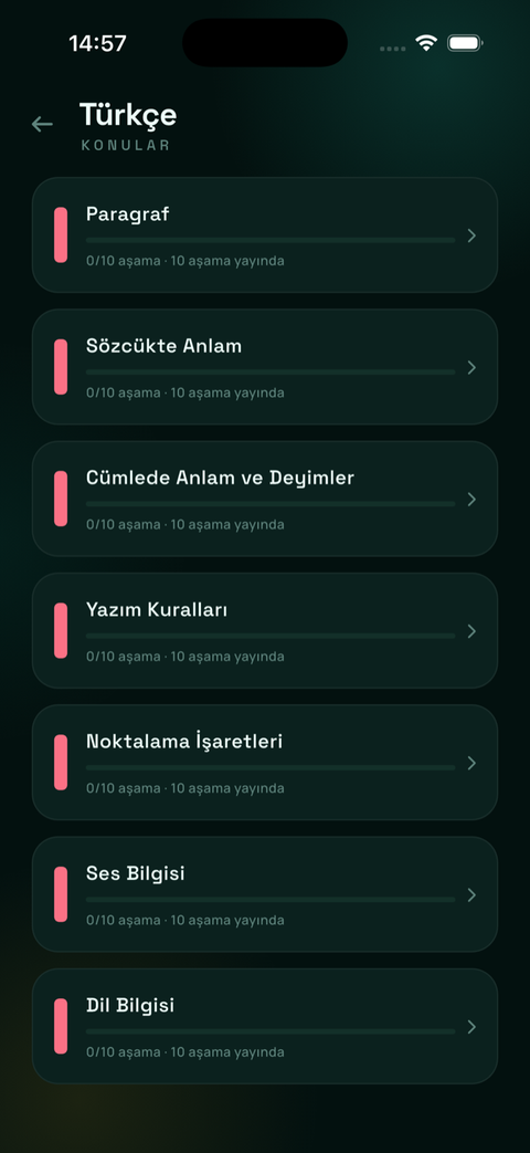 Türkçe konuları ekranı