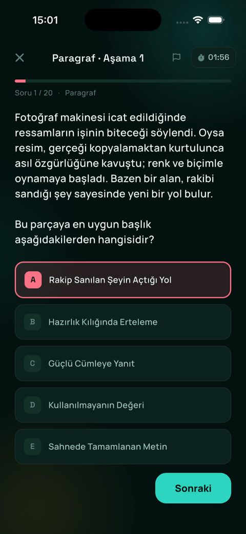 Paragraf sorusu ekranı